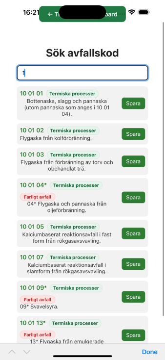 Avfallskoder och AI-support – skärmdump