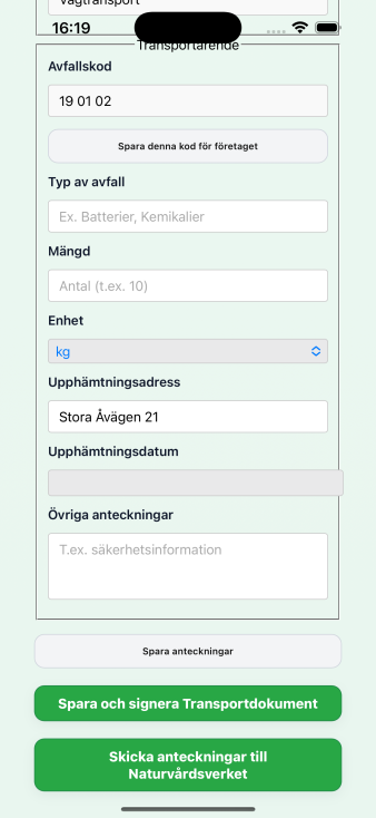 Starta transport – skärmdump