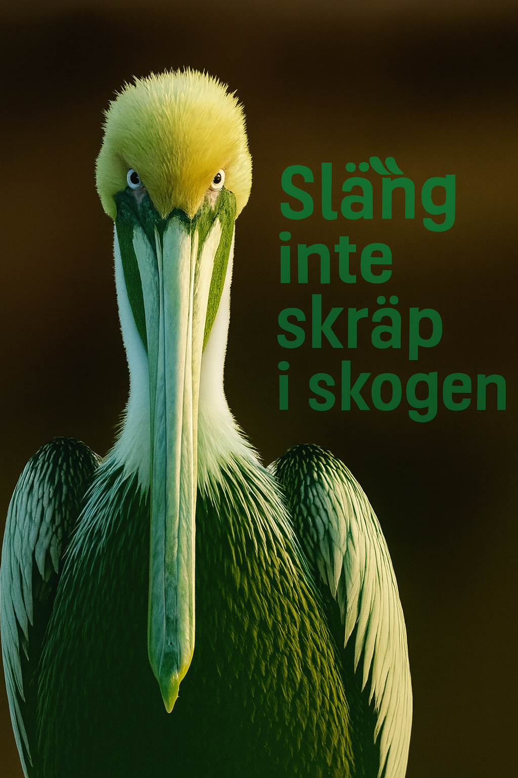 Släng inte skräp i skogen – affisch med pelikan