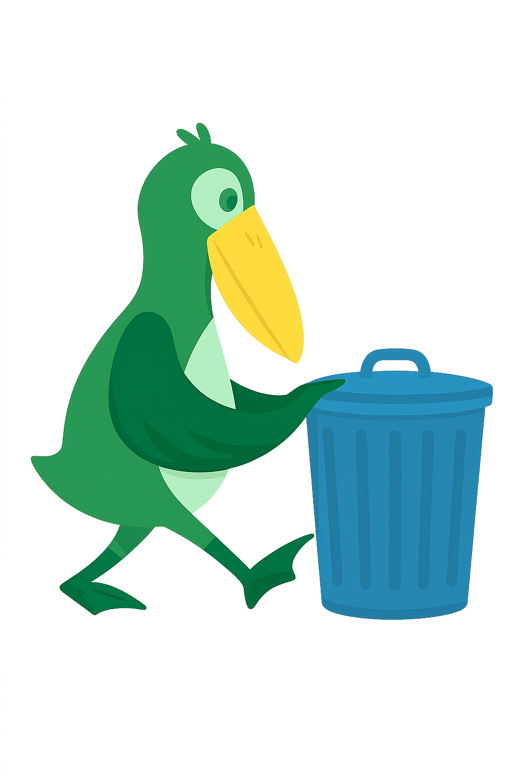 Pelikan som slänger avfall i papperskorg